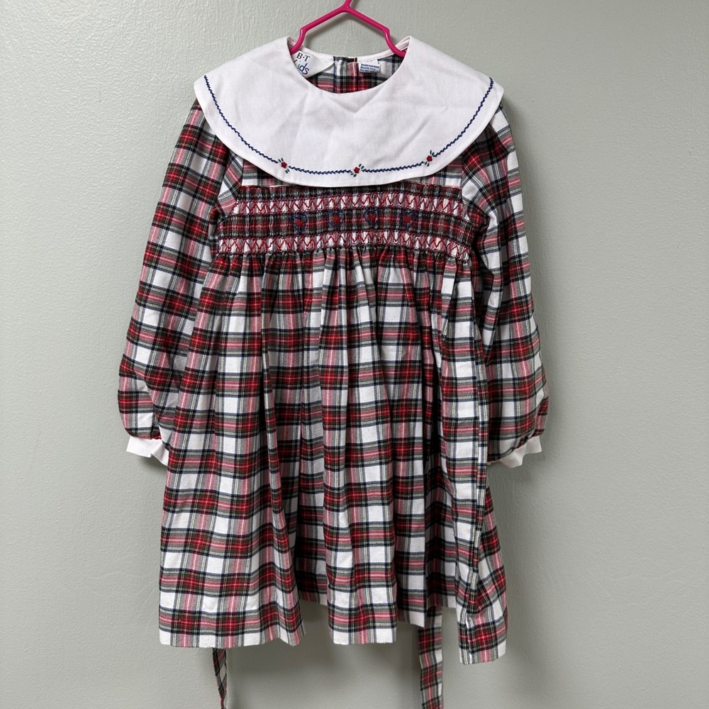 BT Kids Girls Red Plaid Smocked Christmas Dress Peter Pan Collar Vintage Style 6